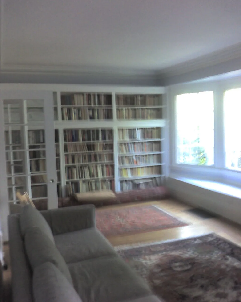 Reading room with painted built-in shelves