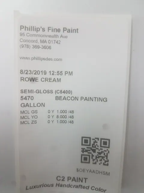 A C2 Paint receipt for Beacon Painting: Rowe Cream, semi-gloss, one gallon