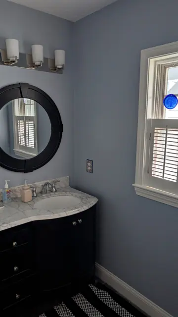 Bright family room with painted walls and trim