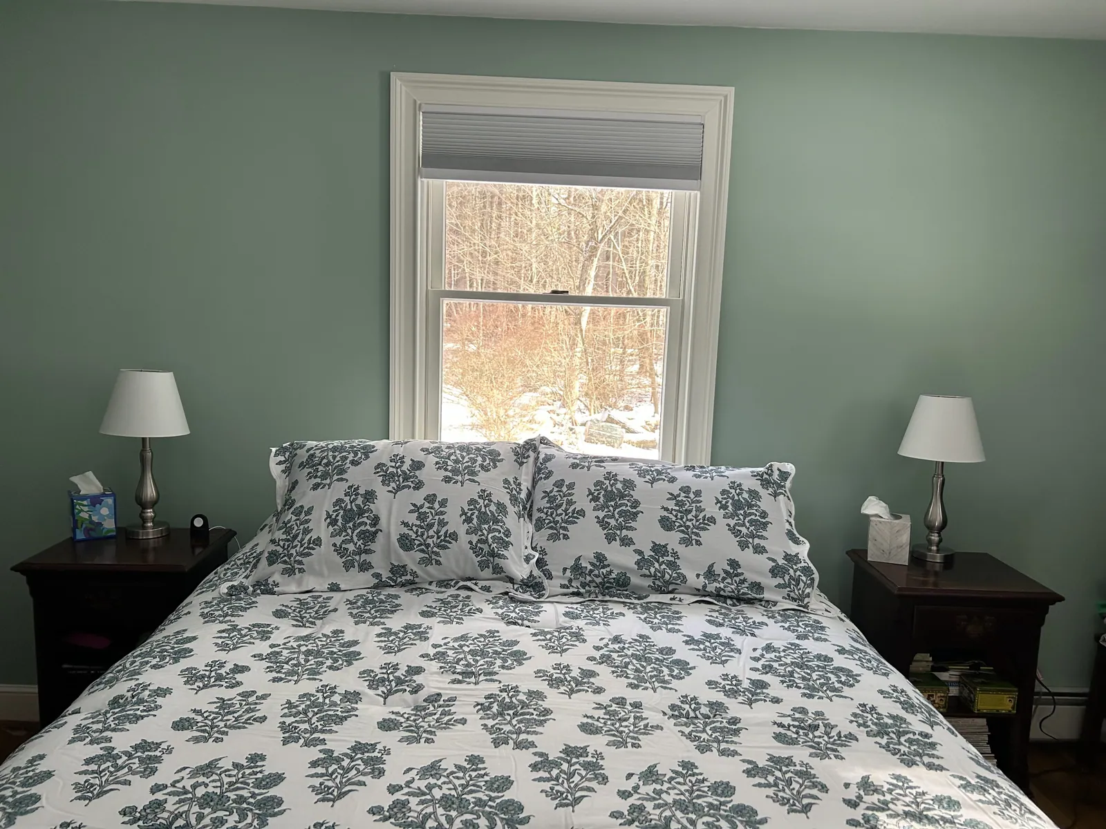 Bedroom painted a soft sage